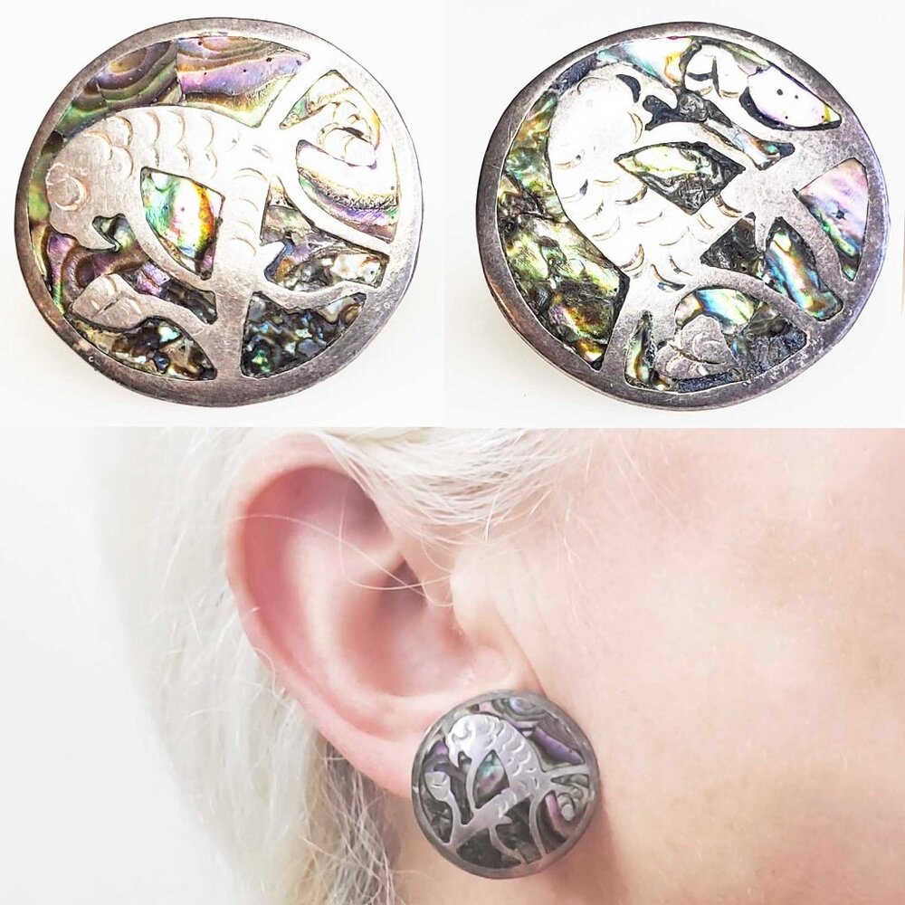 Vintage Earrings Round Abalone Shell Inlay Sterling Silver Clip-on Collectible